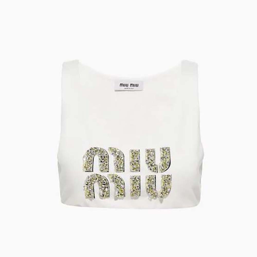 Front view of Miu Miu Women Embroidered Jersey Top in white