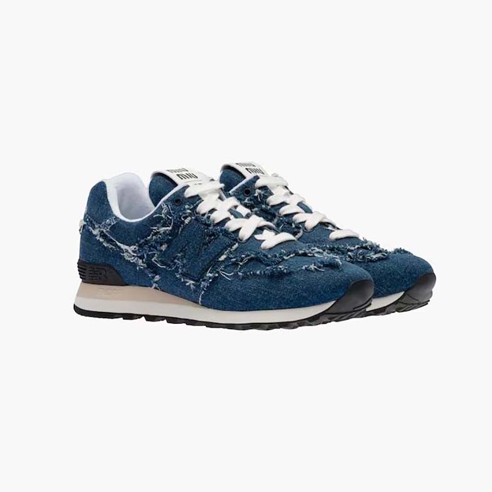 Side angle of Miu Miu Women New Balance 574 x Miu Miu Denim Sneakers-Blue