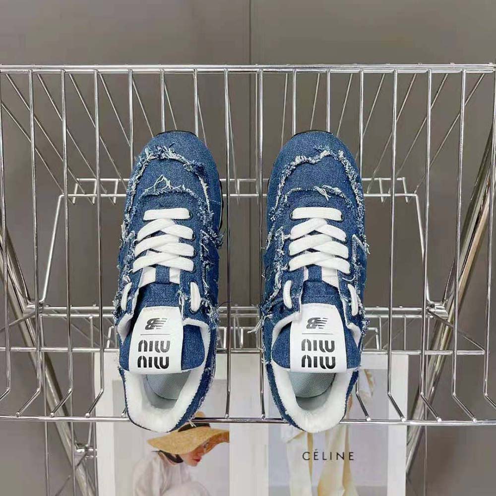 Top view showing lace closure on Miu Miu Women New Balance 574 x Miu Miu Denim Sneakers-Blue