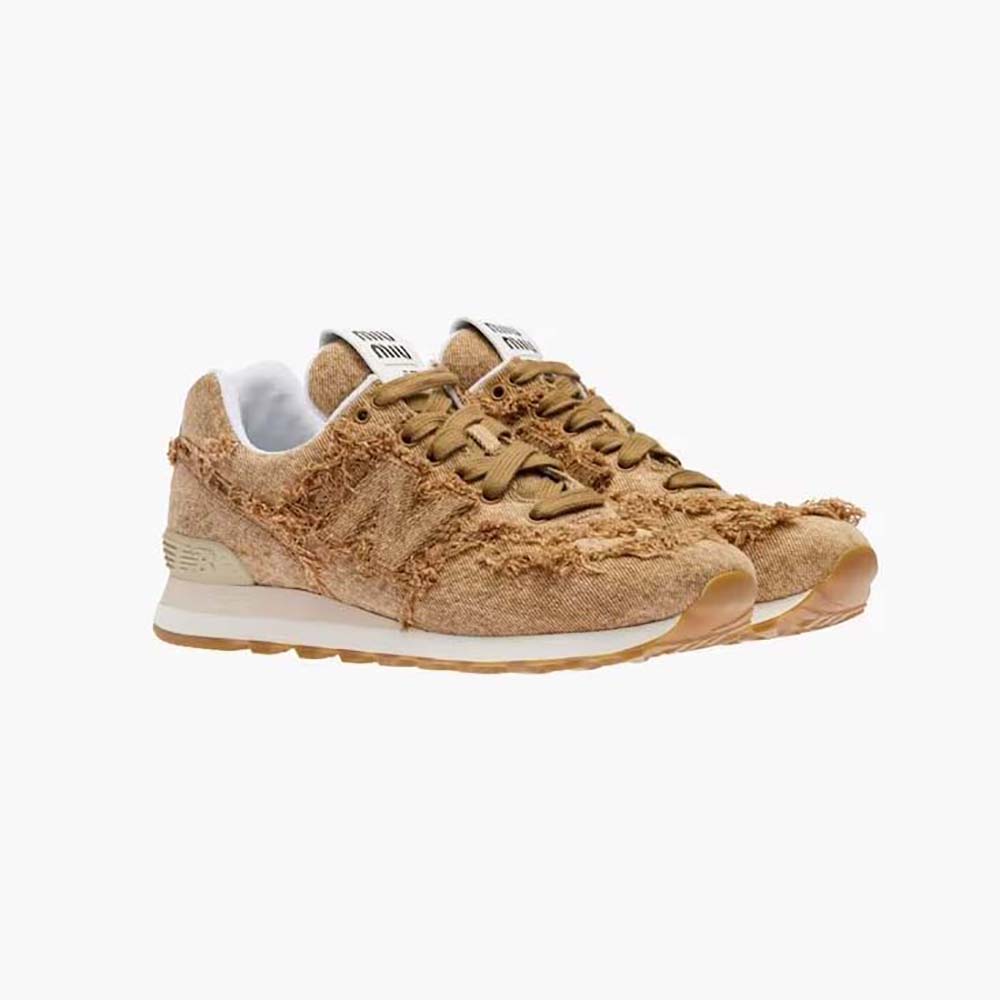 Side profile of Miu Miu Women New Balance 574 x Miu Miu Marbleized Denim Sneakers-Brown