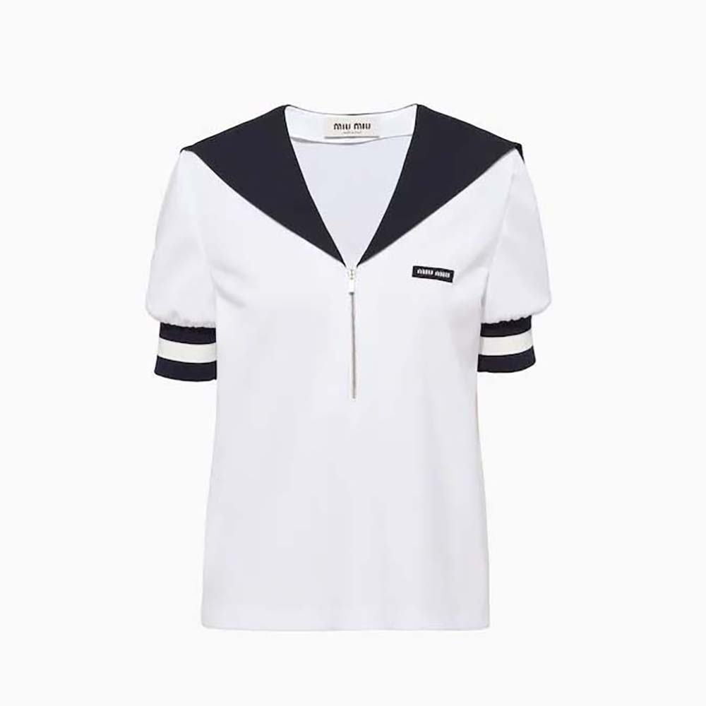 Front view of Miu Miu Women Piqué Top with Jacquard Logo in white