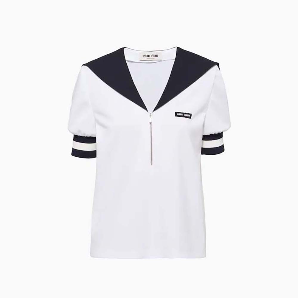 Front view of Miu Miu Women Piqué Top with Jacquard Logo in white