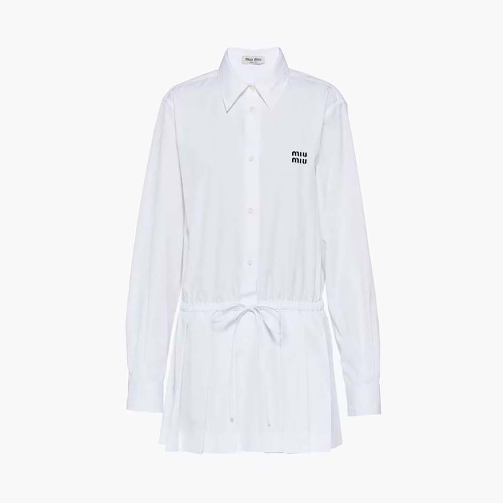 Front view of Miu Miu Women Poplin Mini-Dress with Embroidered Logo in white