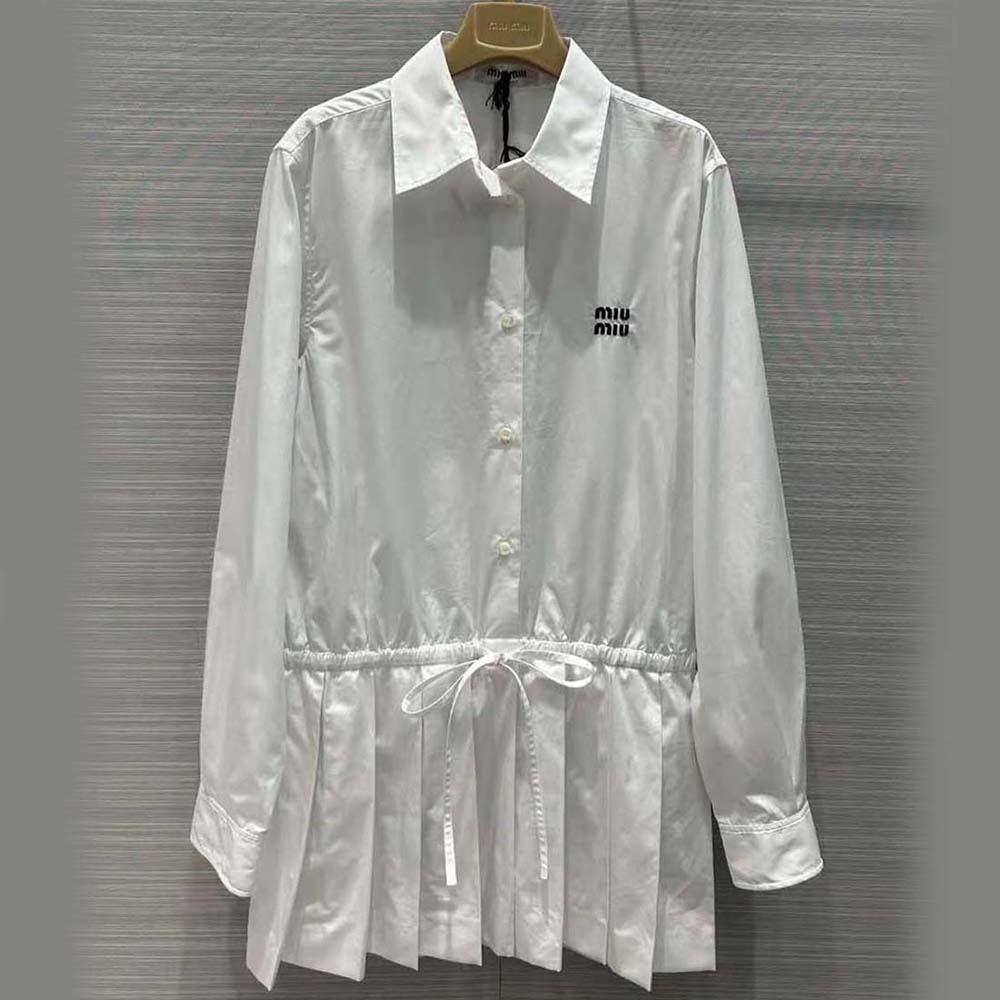 Close-up detail of embroidered logo on white Miu Miu Women Poplin Mini-Dress