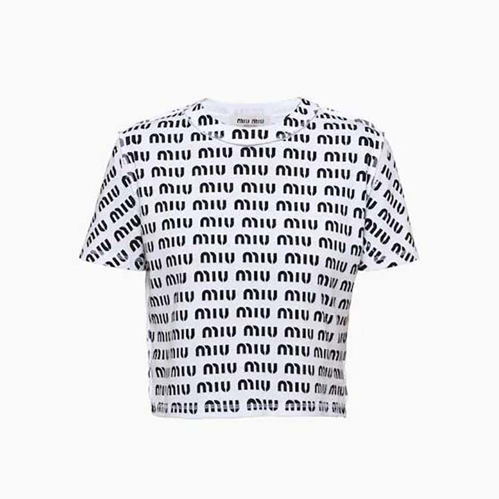 Front view of Miu Miu Women Print Cotton T-shirt with Print Logo in white