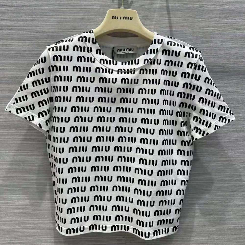 Close-up of signature logo print on Miu Miu Women Print Cotton T-shirt