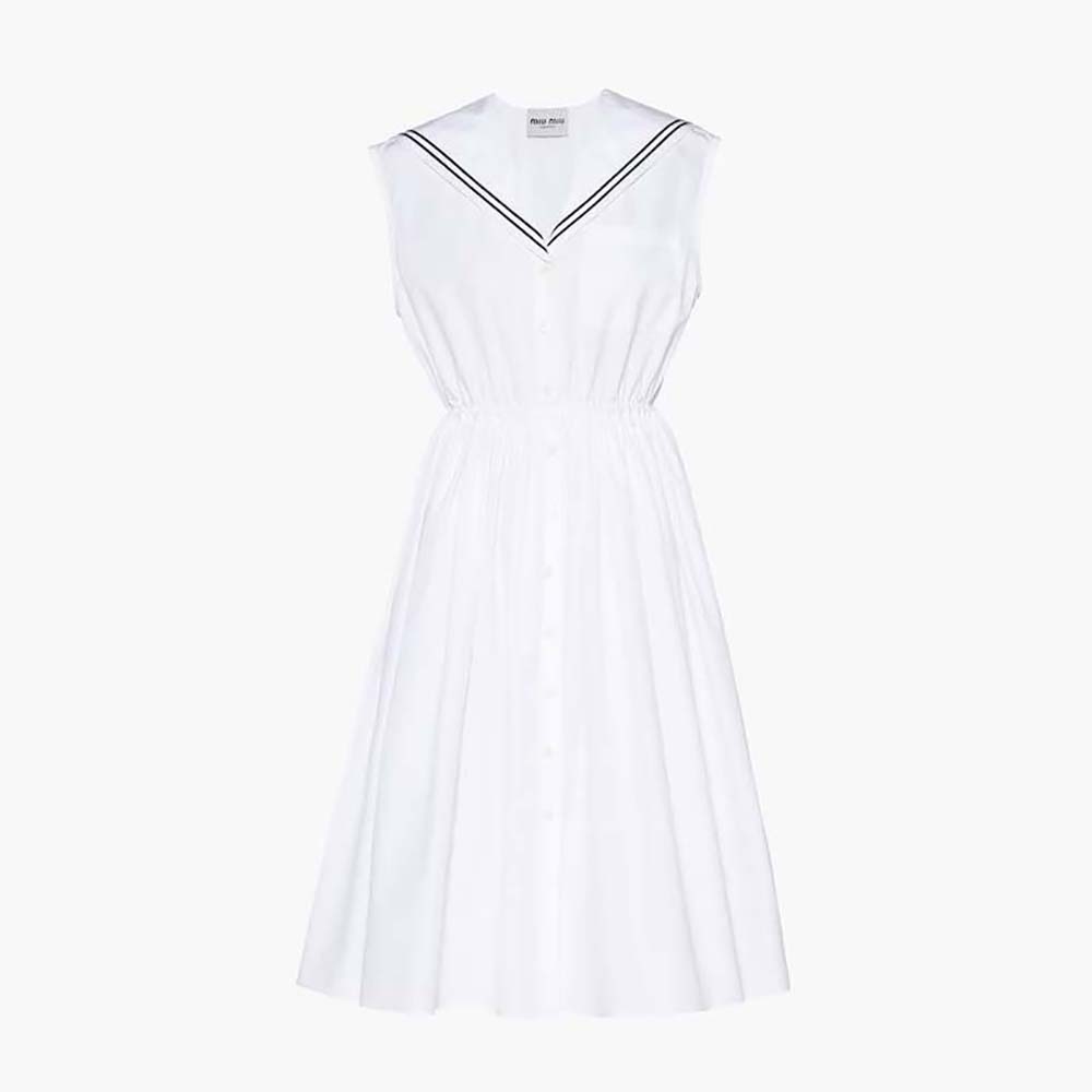 Front view of Miu Miu Women Sailor Poplin Dress with Embroidered Logo