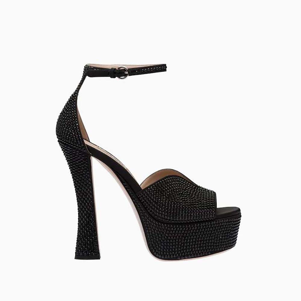 Side view of Miu Miu Women Satin Platform Sandals with Crystals-Black showing platform