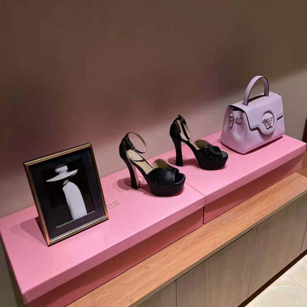 Top angle of Miu Miu Women Satin Platform Sandals with Crystals-Black highlighting buckle