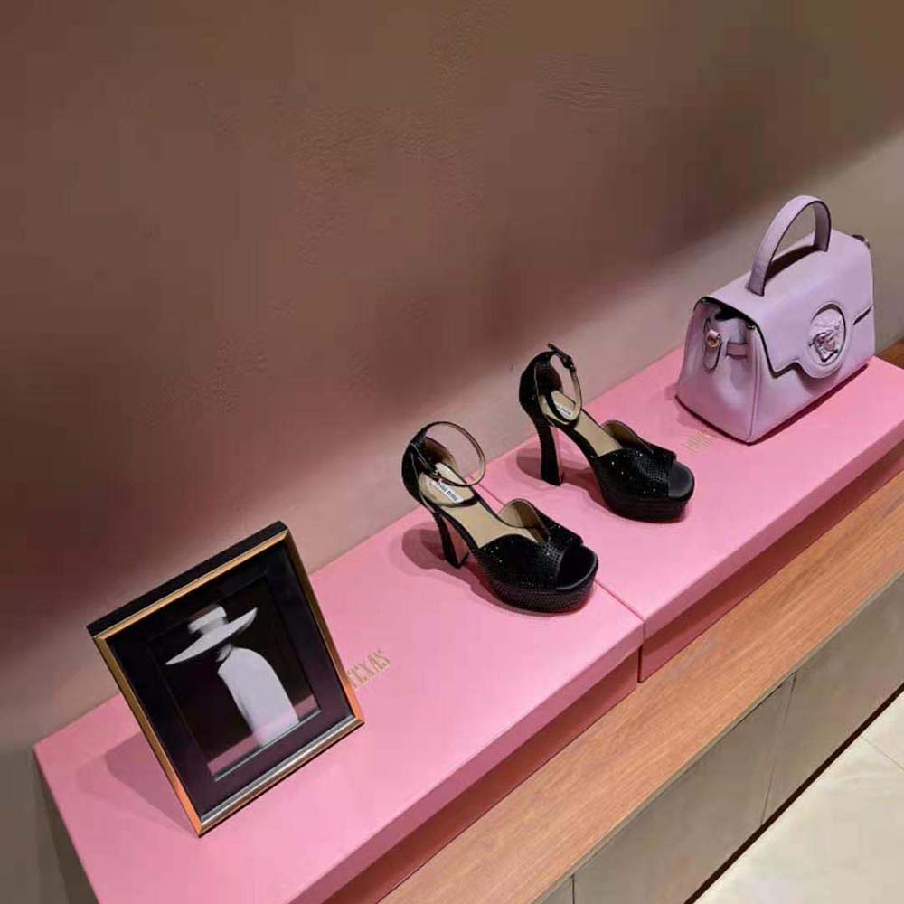 Close-up of crystal embellishments on Miu Miu Women Satin Platform Sandals with Crystals-Black