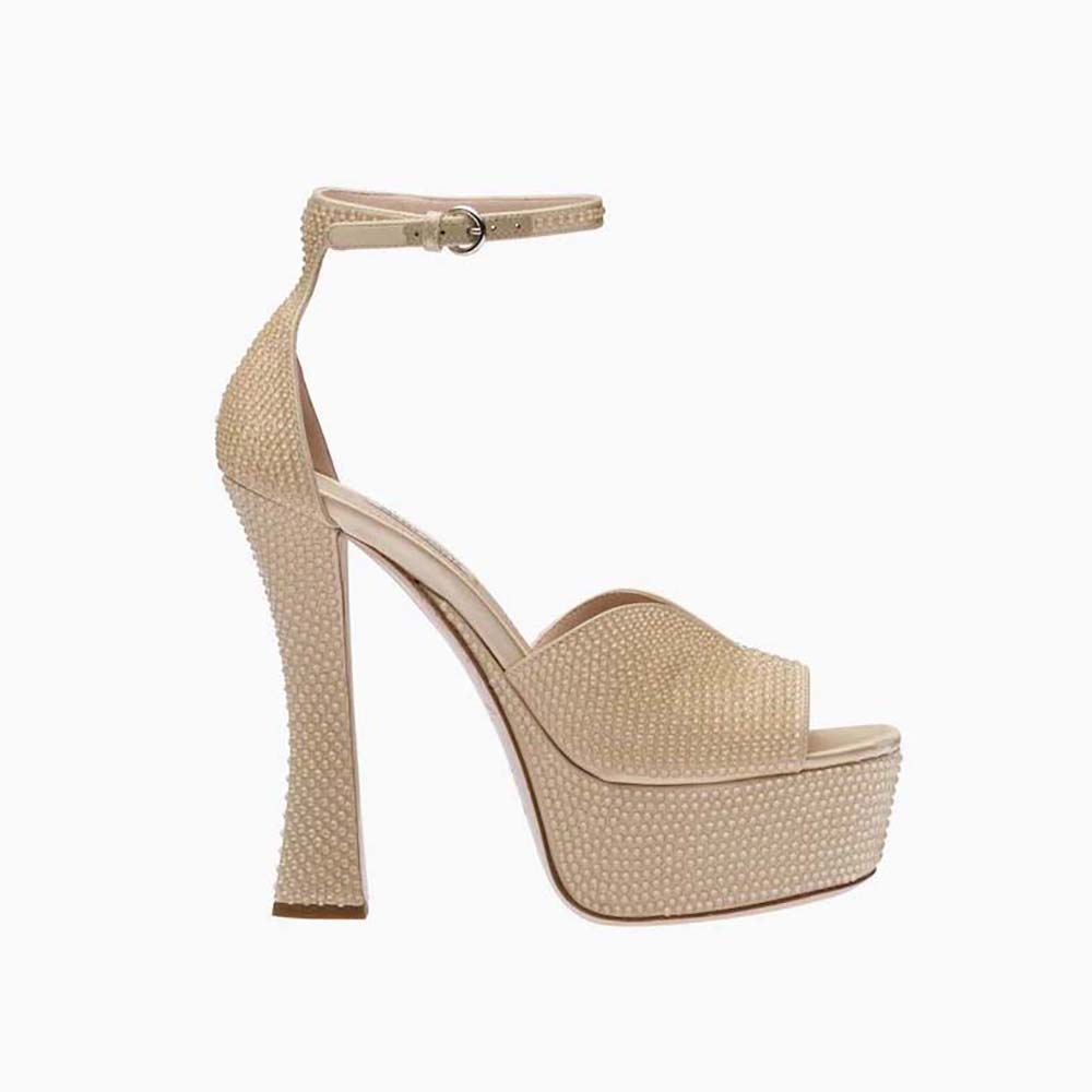 Side view of Miu Miu Women Satin Platform Sandals with Crystals-Gold showing heel