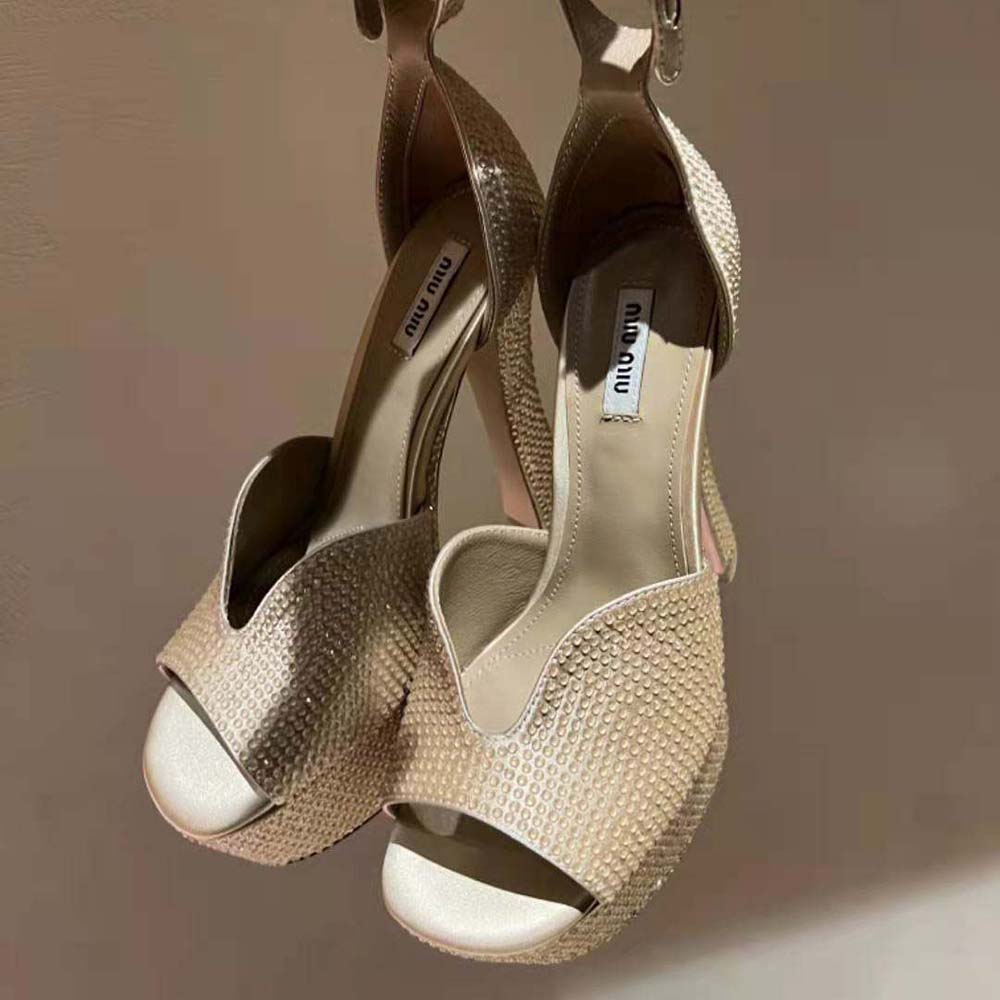 Miu Miu Women Satin Platform Sandals with Crystals-Gold - image 6
