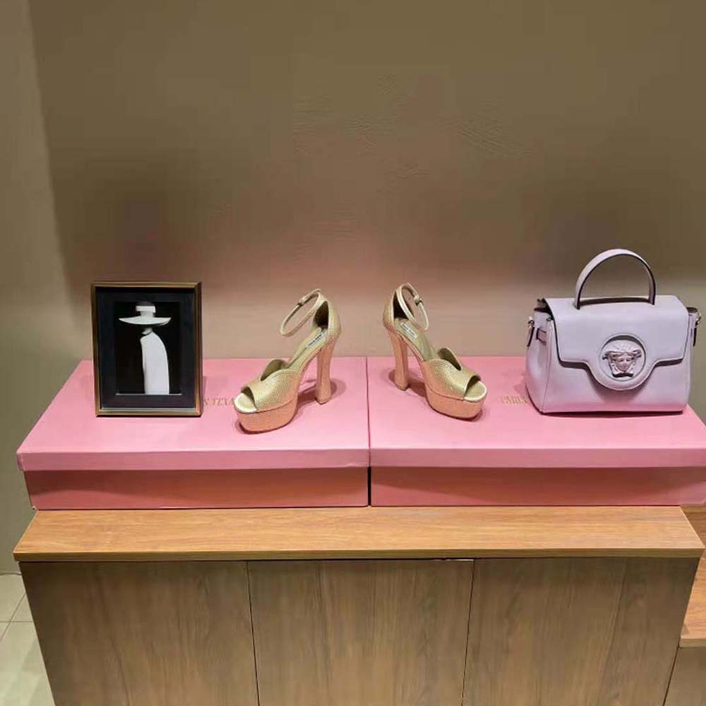 Top view of gold satin Miu Miu Women Satin Platform Sandals with ankle buckle