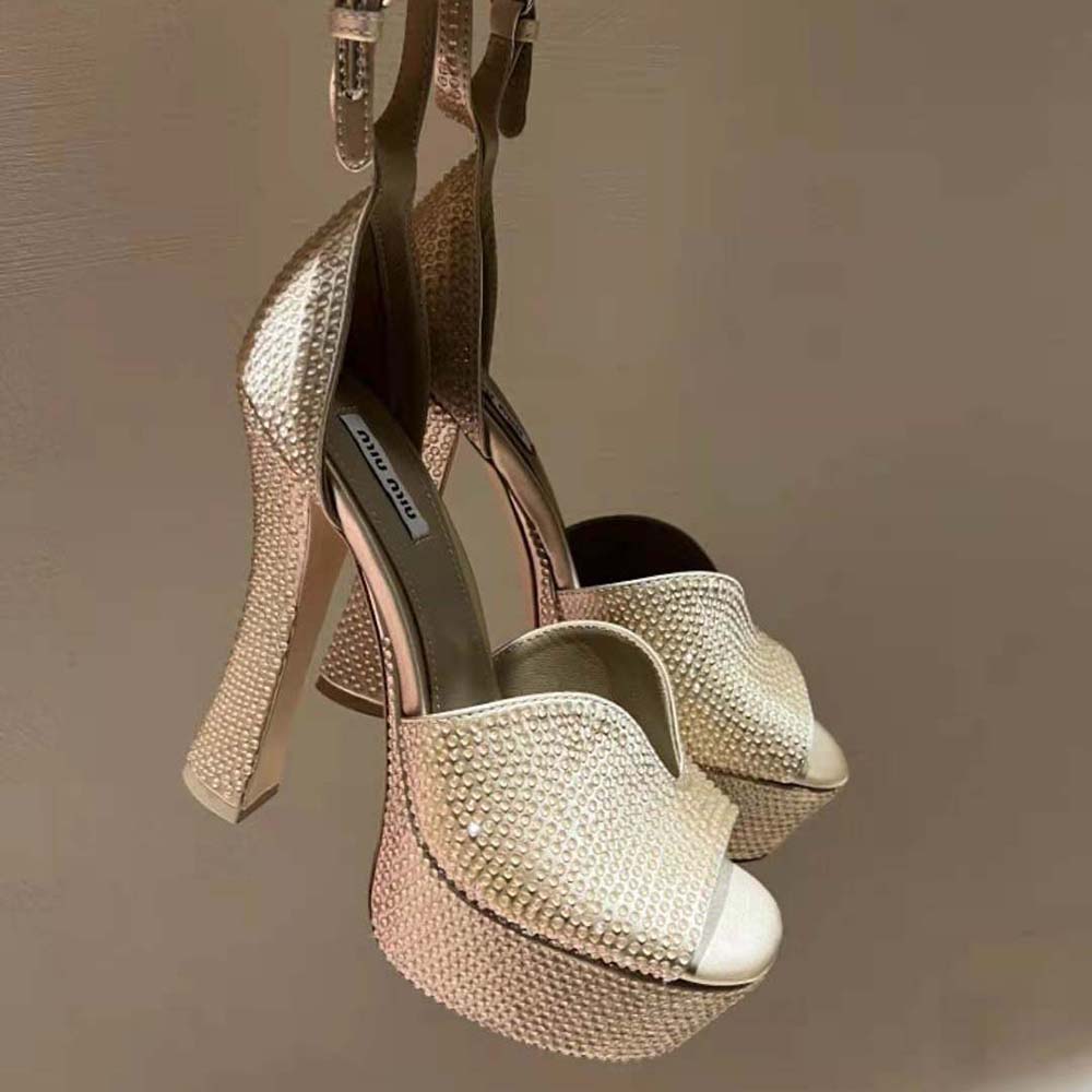Miu Miu Women Satin Platform Sandals with Crystals-Gold - image 5