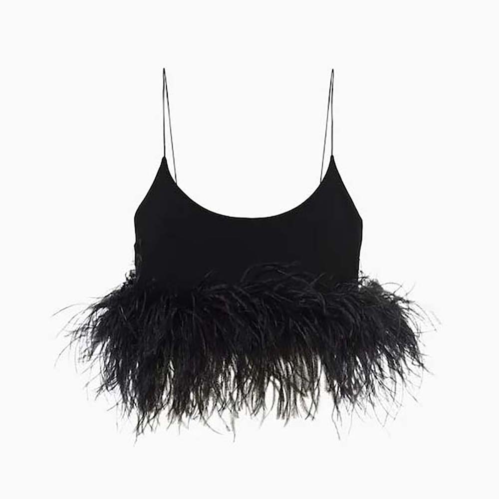 Front view of Miu Miu Women Stretch Cady Top with Feathers-Black