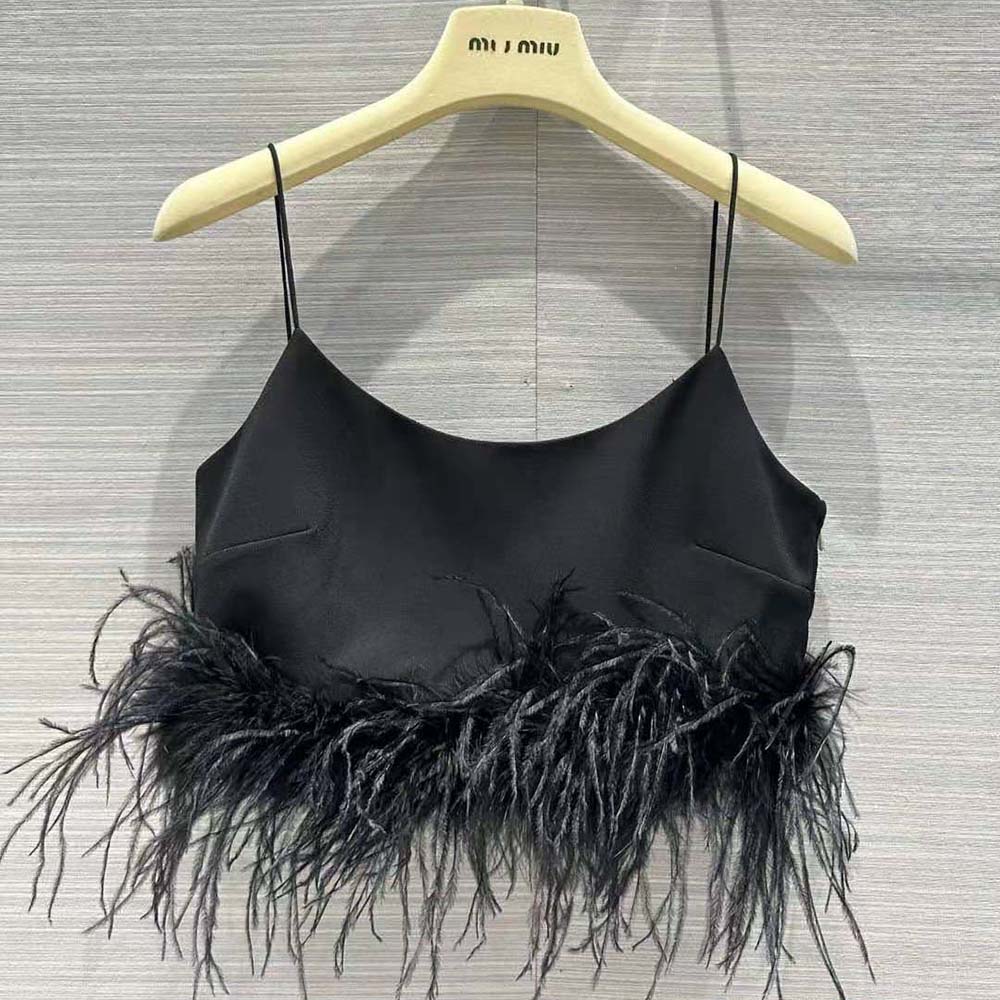 Close-up of feather detail on Miu Miu Women Stretch Cady Top with Feathers-Black neckline
