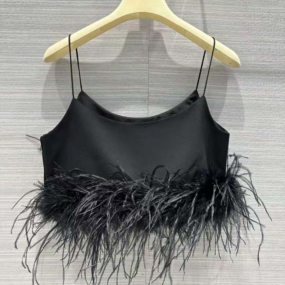 Side angle showing silhouette of Miu Miu Women Stretch Cady Top with Feathers-Black