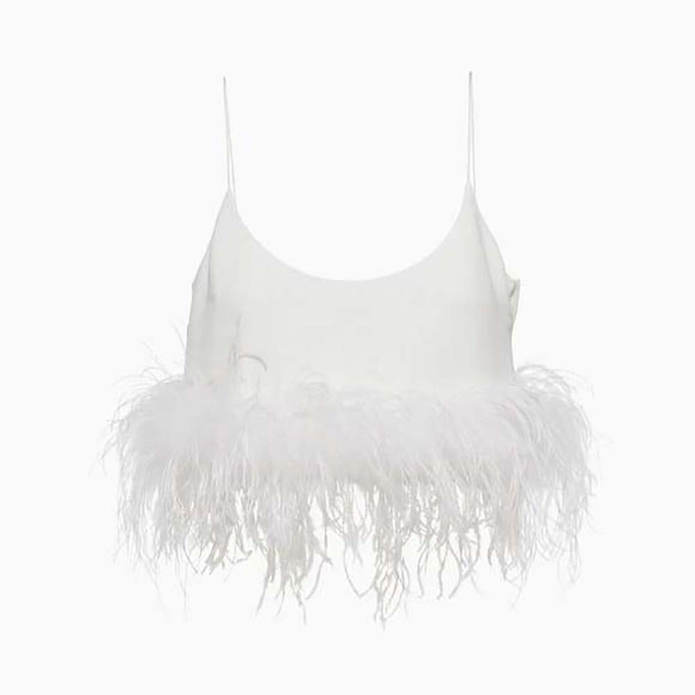 Front view of Miu Miu Women Stretch Cady Top with Feathers-White