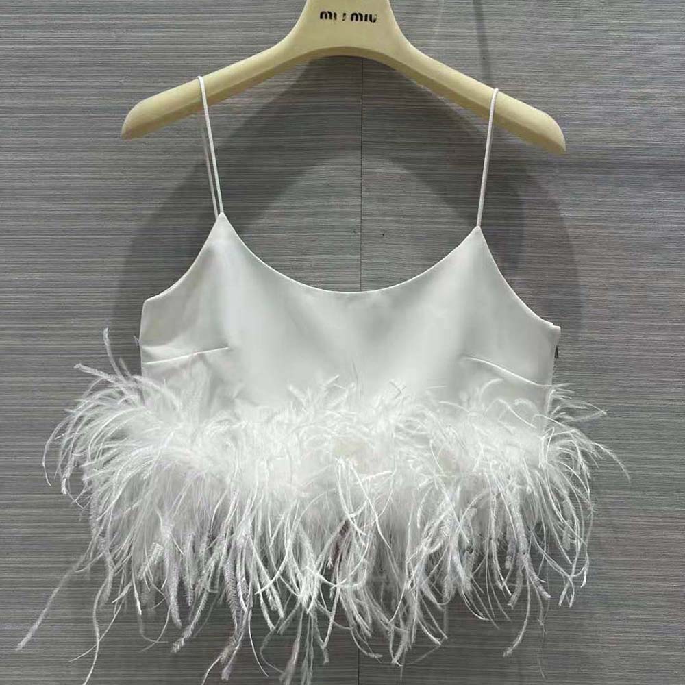 Close-up detail of feather trim on Miu Miu Women Stretch Cady Top