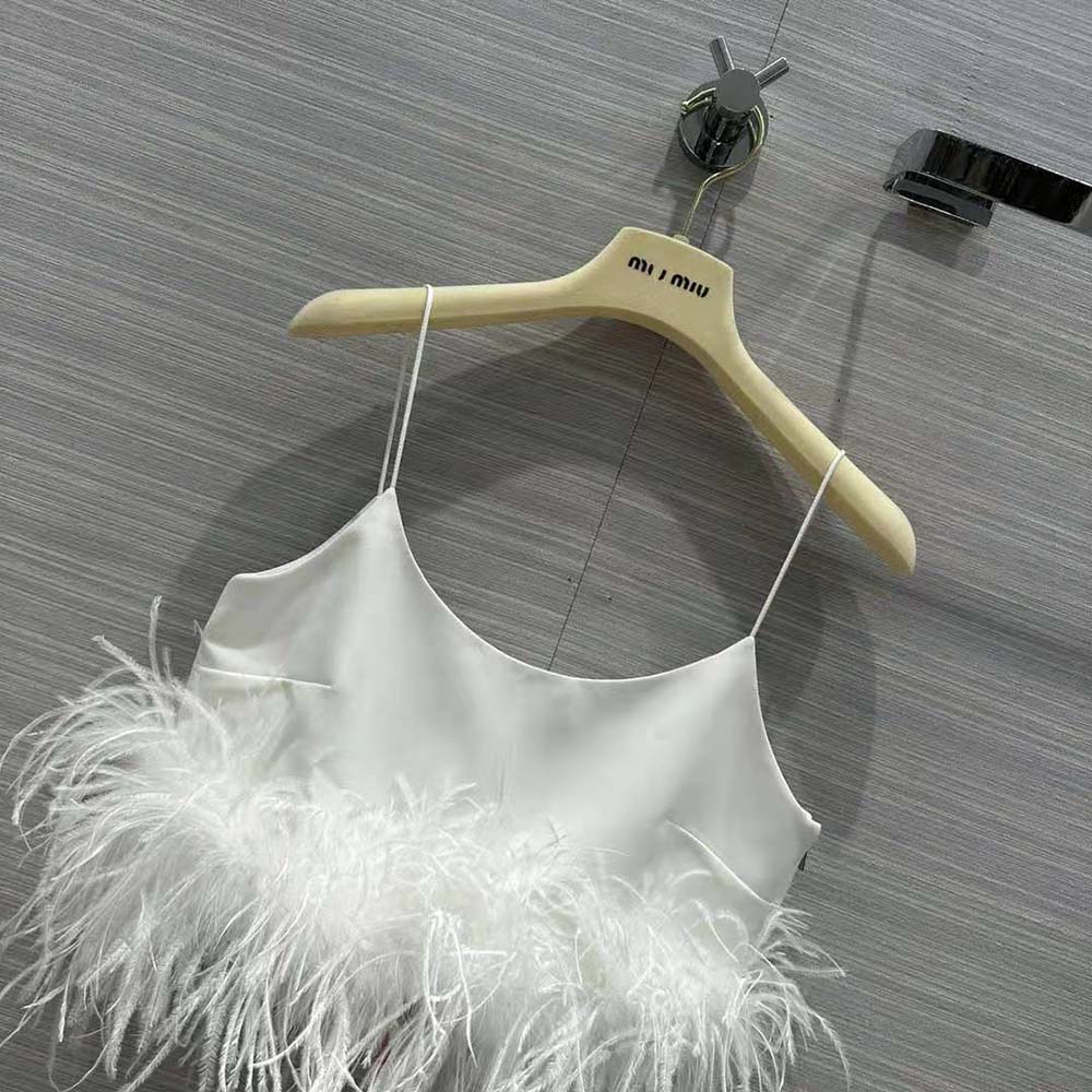 Miu Miu Women Stretch Cady Top with Feathers-White - image 4