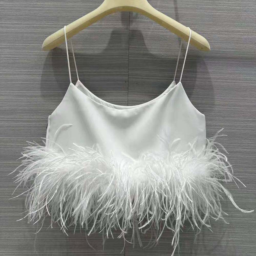 Side angle showing silhouette of Miu Miu Women Stretch Cady Top with Feathers-White
