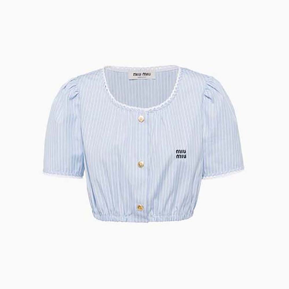 Front view of Miu Miu Women Striped Chambray Crop Top in blue stripes