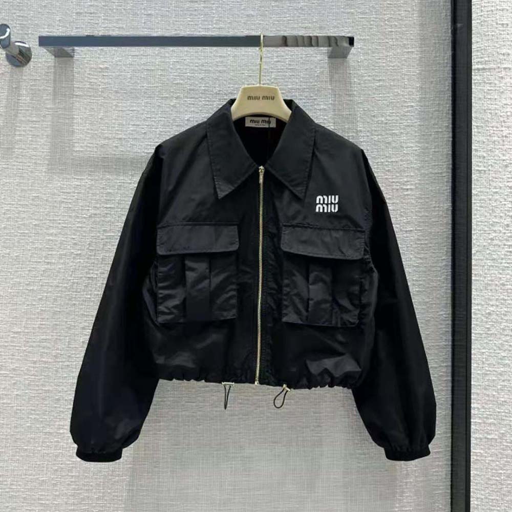 Close-up on silver-tone zipper detail on Miu Miu Women Technical Silk Blouson Jacket