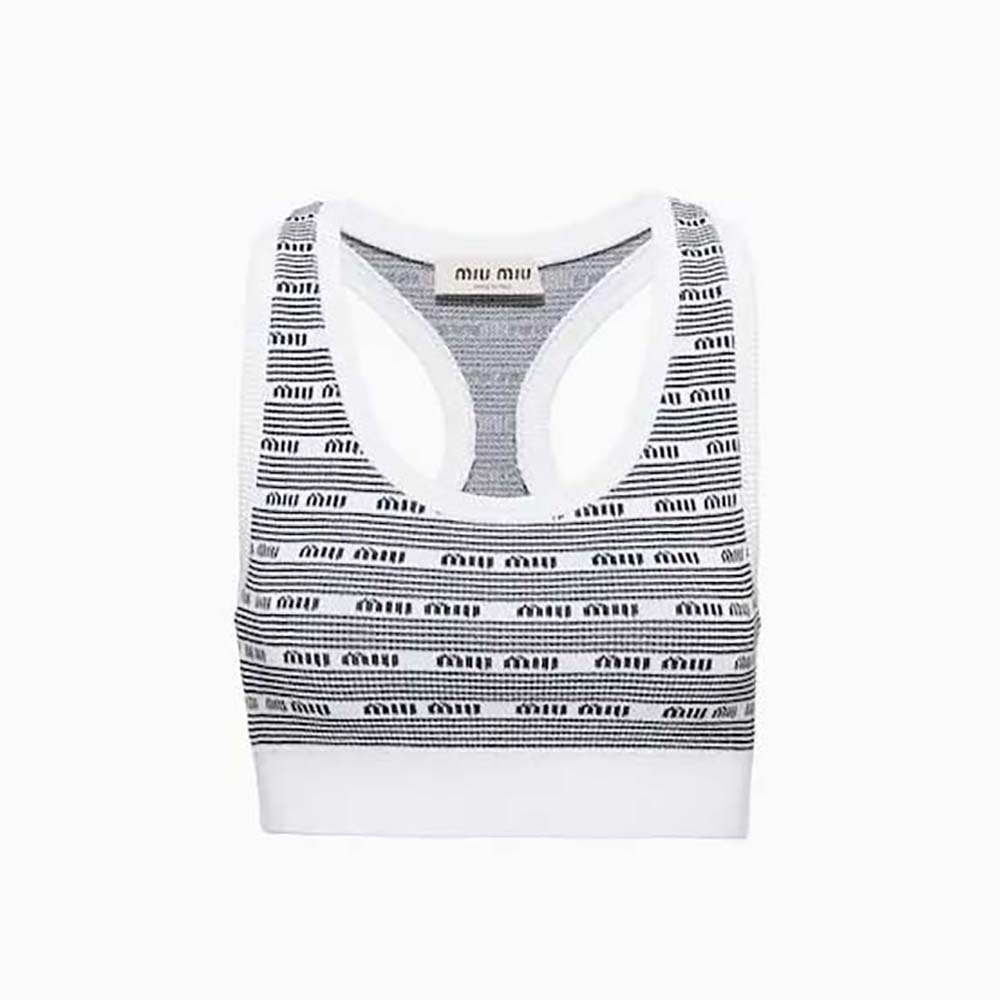 Front view of Miu Miu Women Viscose Top with Jacquard Logo in white