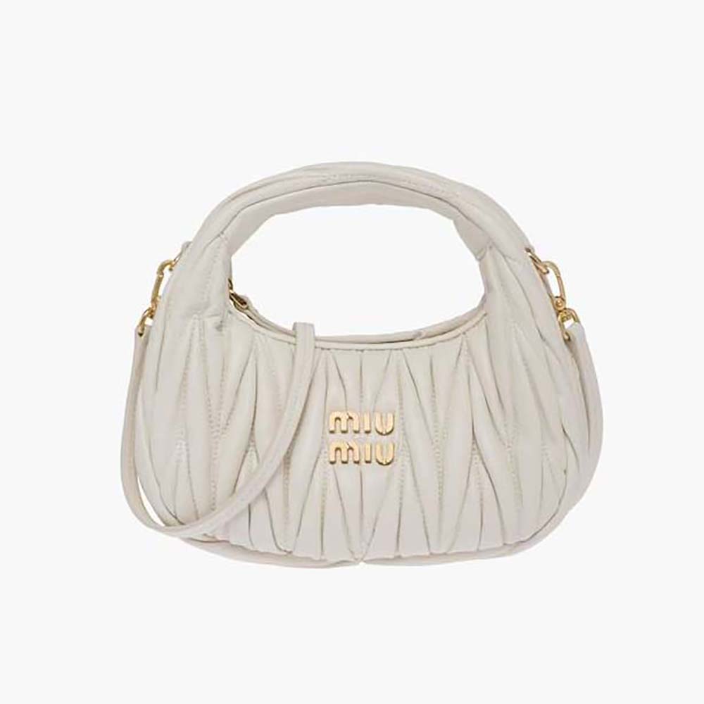 Front view of Miu Miu Women Wander Matelassé Nappa Leather Hobo Mini-Bag in white