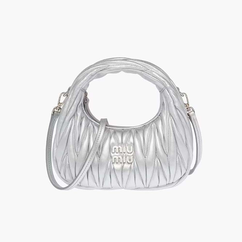 Front view of Miu Miu Women Wander Matelassé Nappa Leather Hobo Mini-Bag-Silver