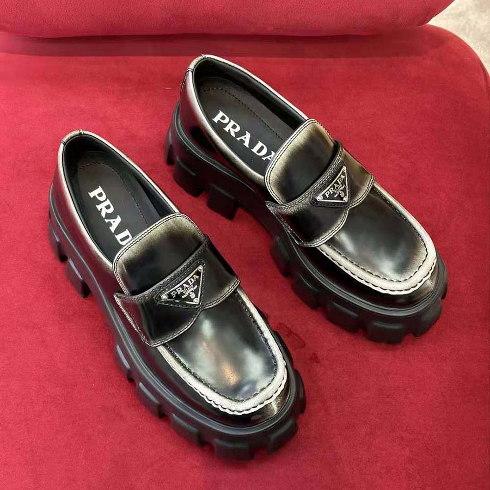Close-up of brushed leather texture on Prada Men Monolith Nuanced Loafers