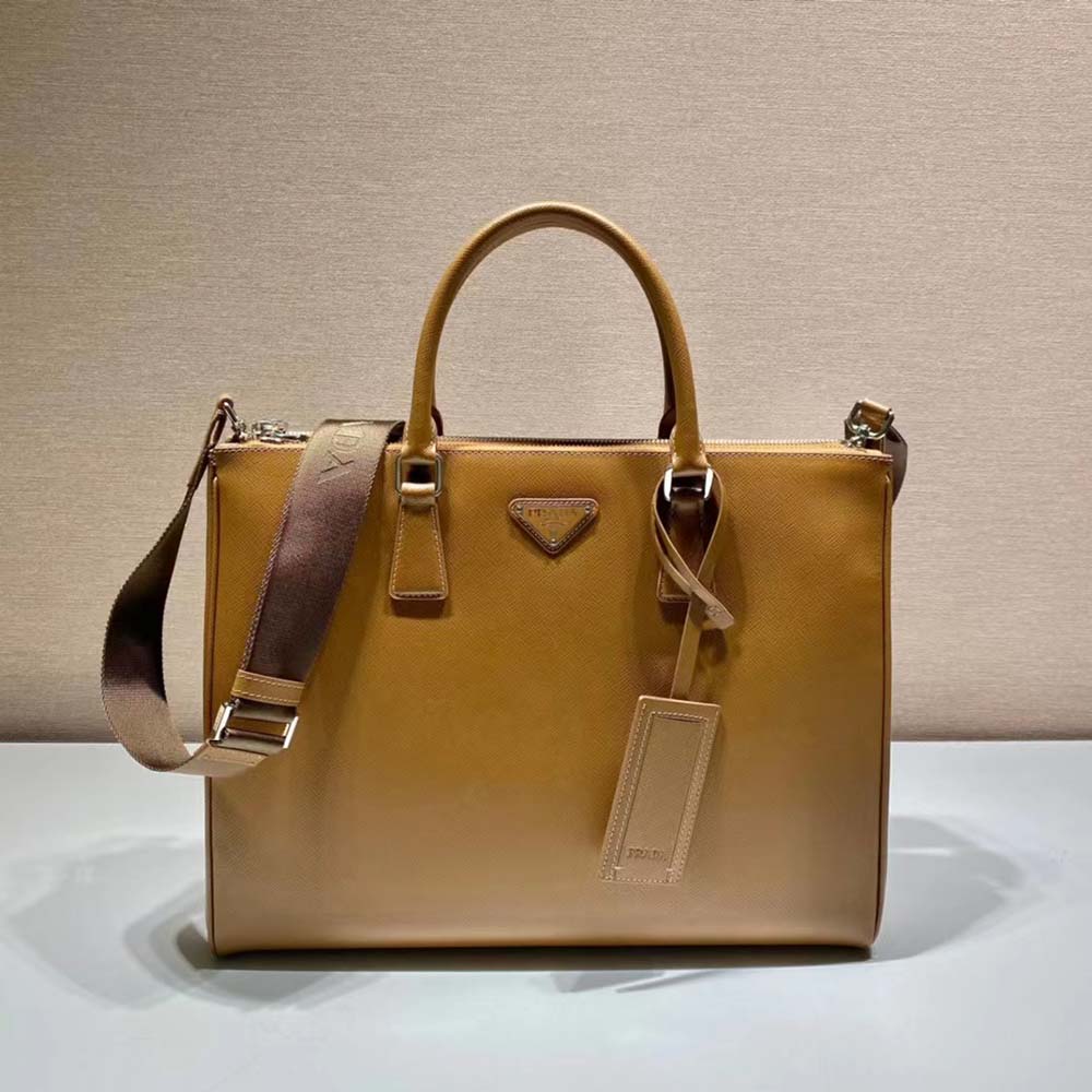 Side angle of Prada Men Saffiano Leather Prada Galleria Bag-Brown with zipper detail