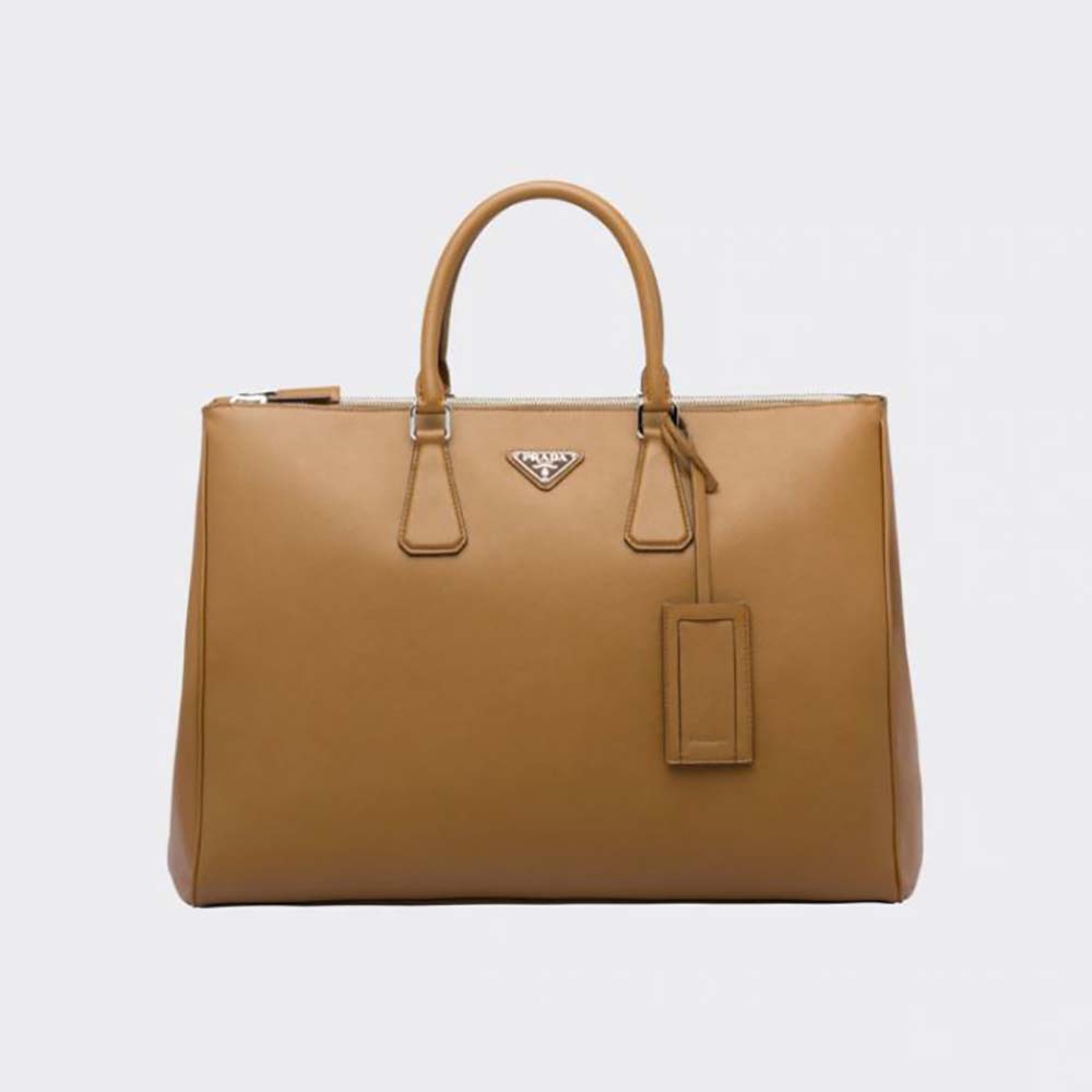 Front view of Prada Men Saffiano Leather Prada Galleria Bag-Brown showcasing structured silhouette