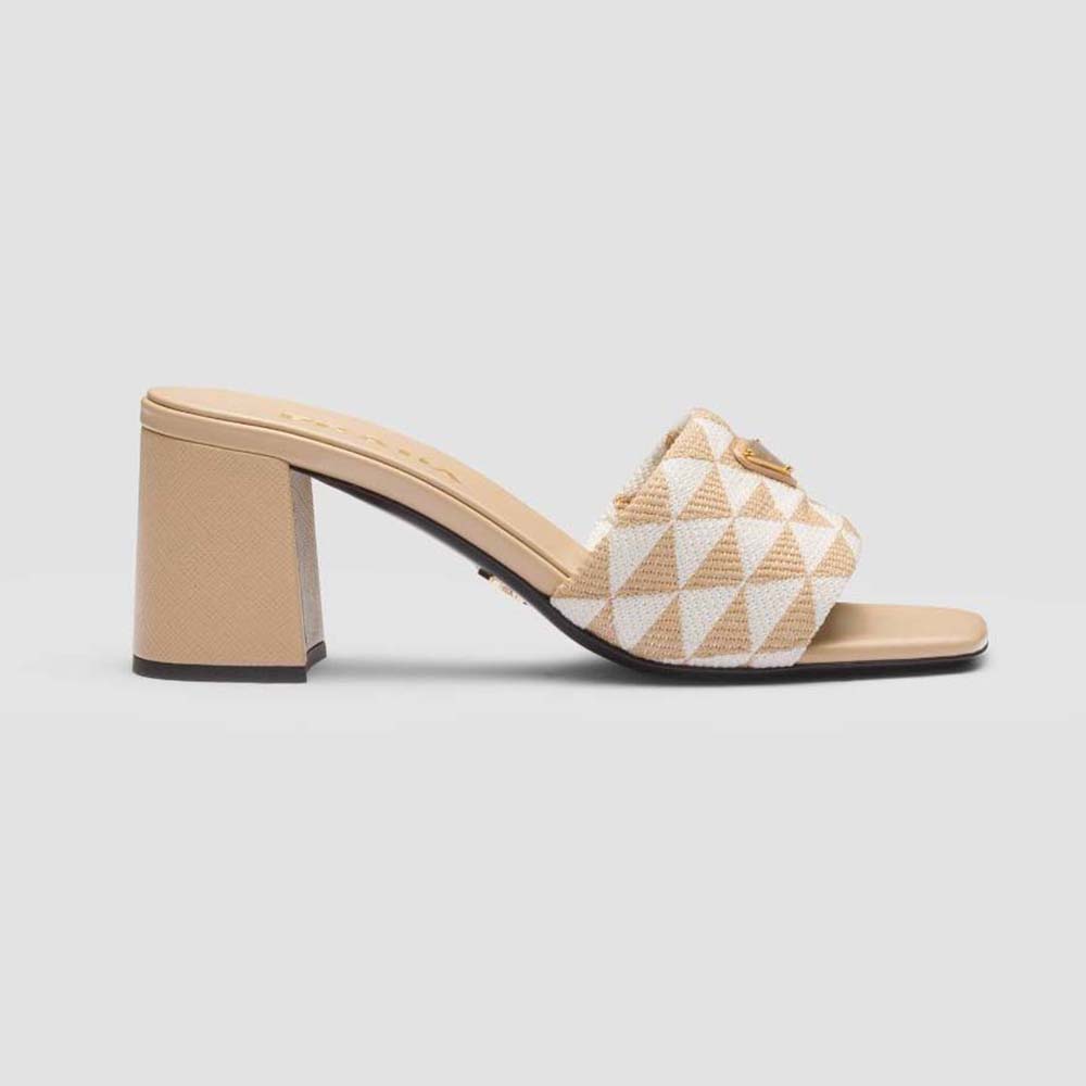 Side view of Prada Women Embroidered Fabric Sandals-Beige showing heel