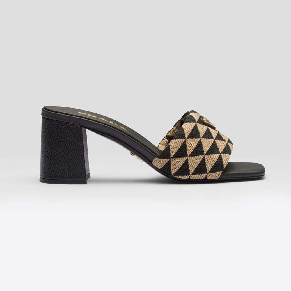 Side view of Prada Women Embroidered Fabric Sandals-Black showcasing embroidery