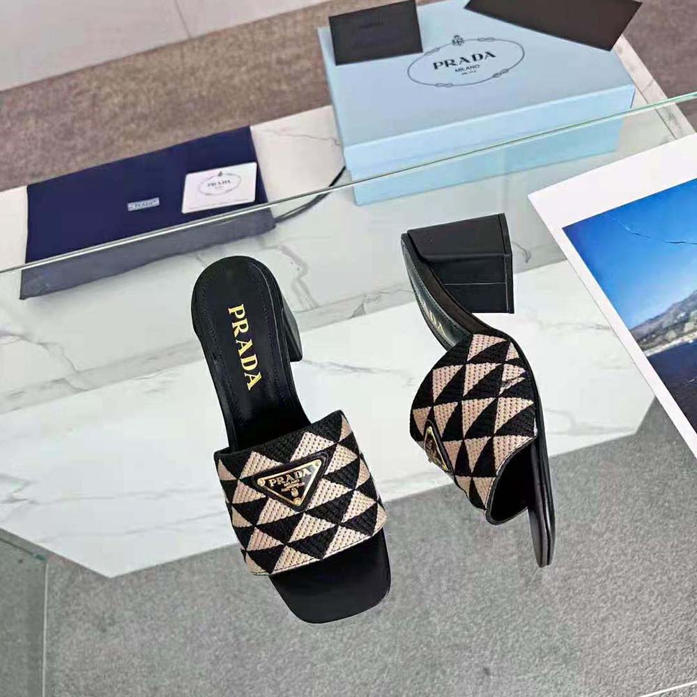 Top-down angle highlighting black fabric and heel of Prada Women Embroidered Fabric Sandals-Black