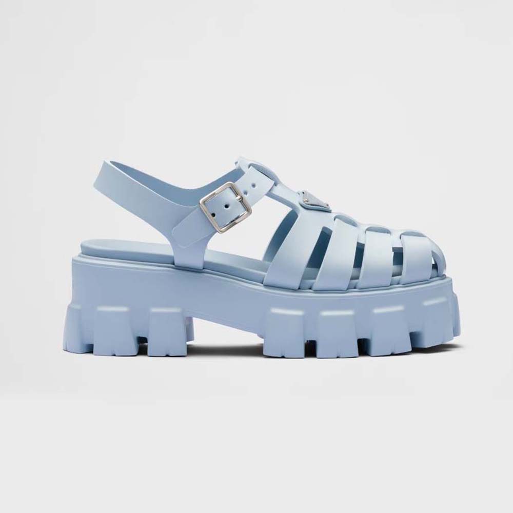 Side view of Prada Women Foam Rubber Sandals with enameled metal triangle logo in blue