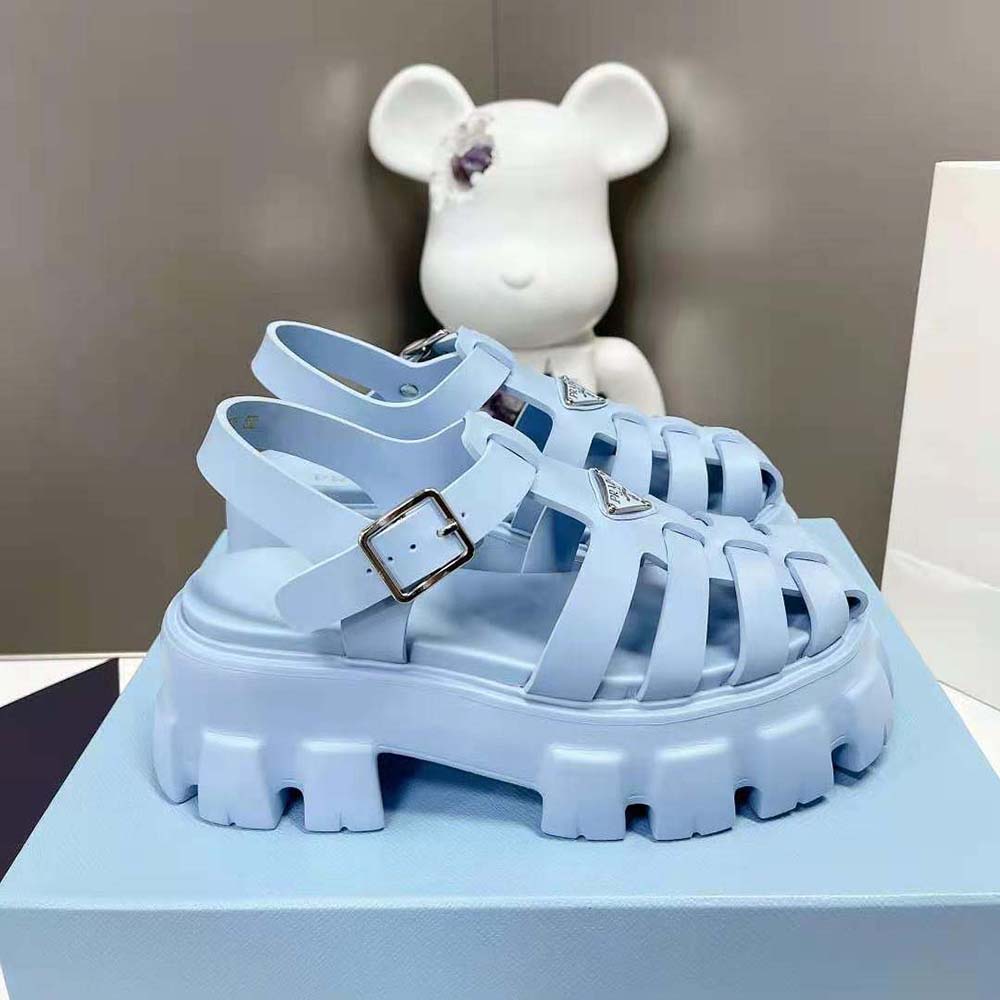 Prada Women Foam Rubber Sandals with Enameled Metal Triangle Logo-Blue - image 6