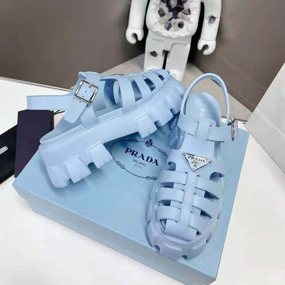 Prada Women Foam Rubber Sandals with Enameled Metal Triangle Logo-Blue - image 5