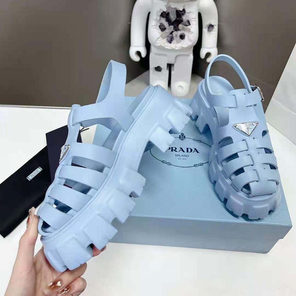 Prada Women Foam Rubber Sandals with Enameled Metal Triangle Logo-Blue - image 4