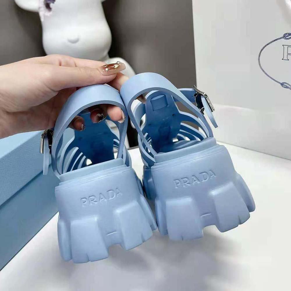 Prada Women Foam Rubber Sandals with Enameled Metal Triangle Logo-Blue - image 9