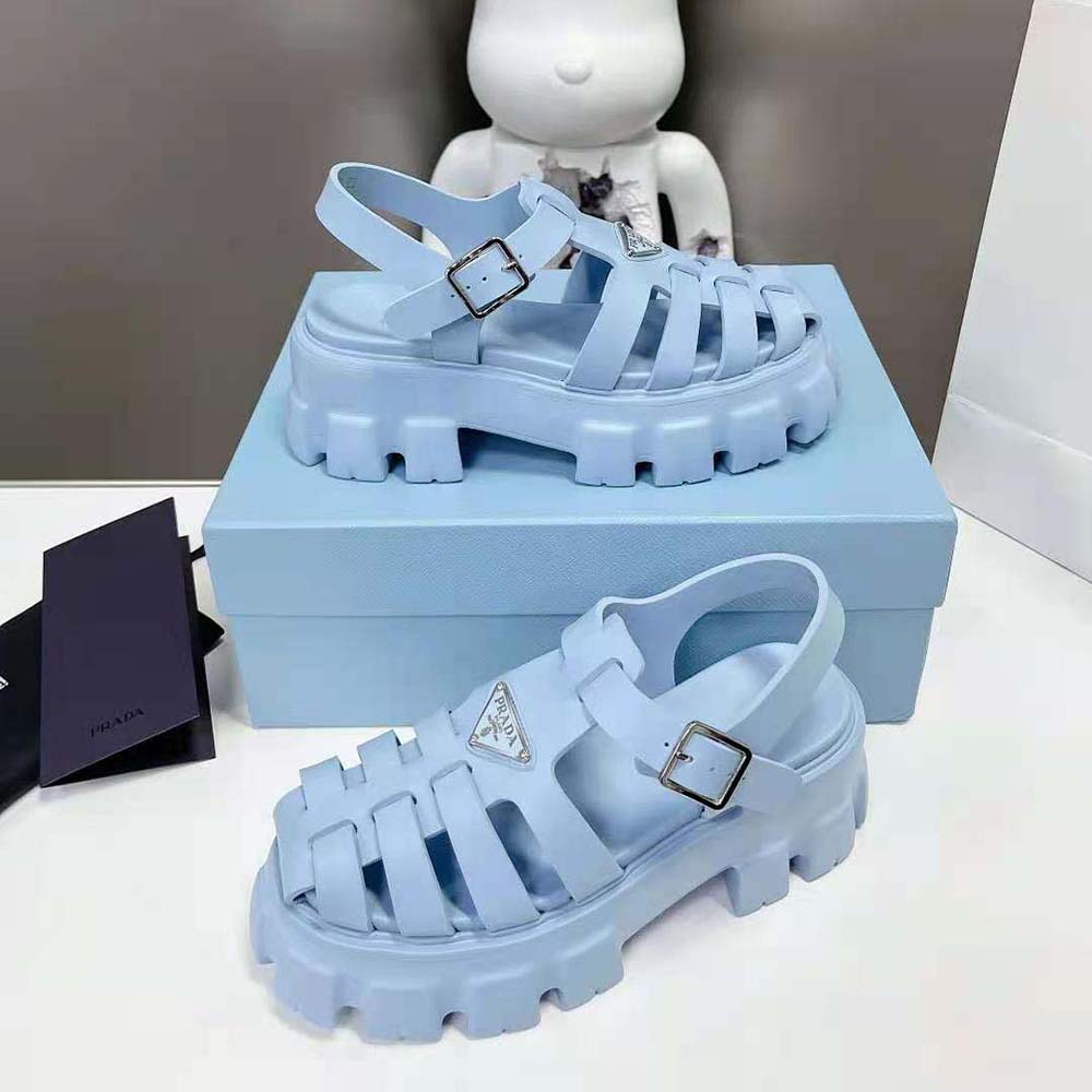 Top angle of Prada Women Foam Rubber Sandals highlighting open-toe silhouette and vibrant blue color