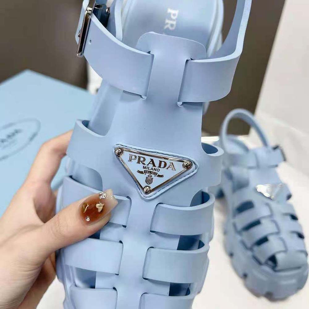 Prada Women Foam Rubber Sandals with Enameled Metal Triangle Logo-Blue - image 8
