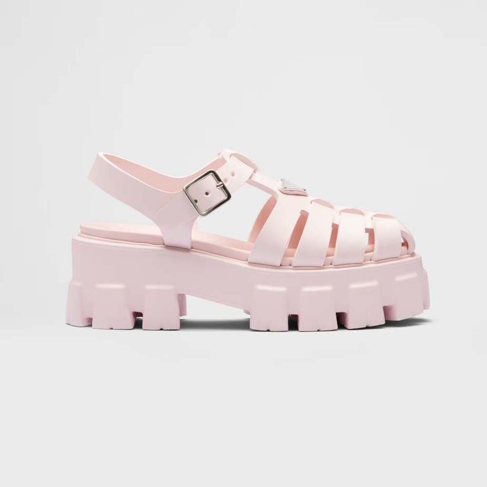 Side view of Prada Women Foam Rubber Sandals with Enameled Metal Triangle Logo-Pink
