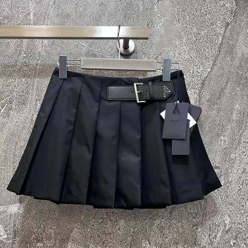 Side angle showing tailored fit of Prada Women Gabardine Miniskirt