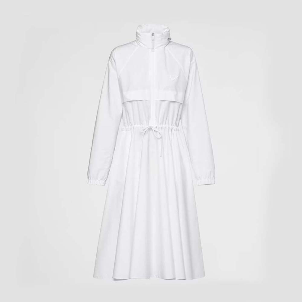 Front view of Prada Women Hooded Poplin Dress with Embroidered Triangle Logo