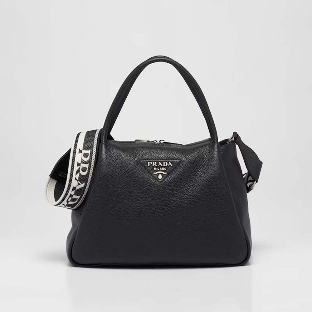 Front view of Prada Women Large Leather Handbag-Black with logo