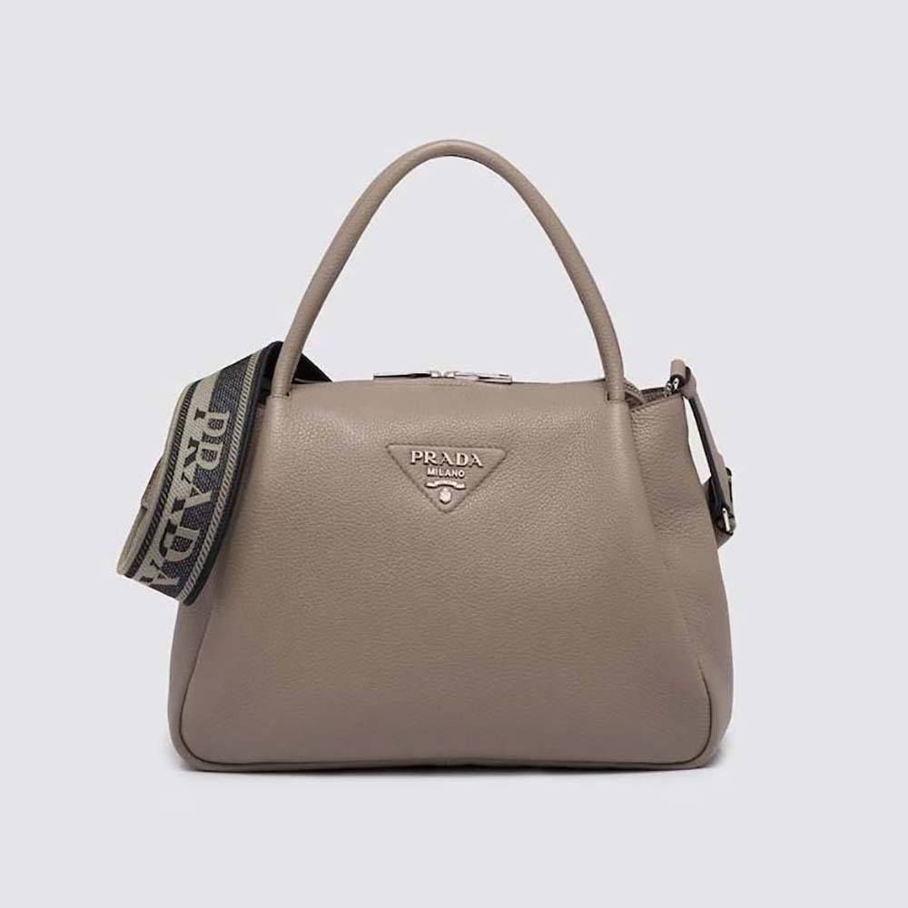 Front view of Prada Women Large Leather Handbag-Gray with polished silver hardware