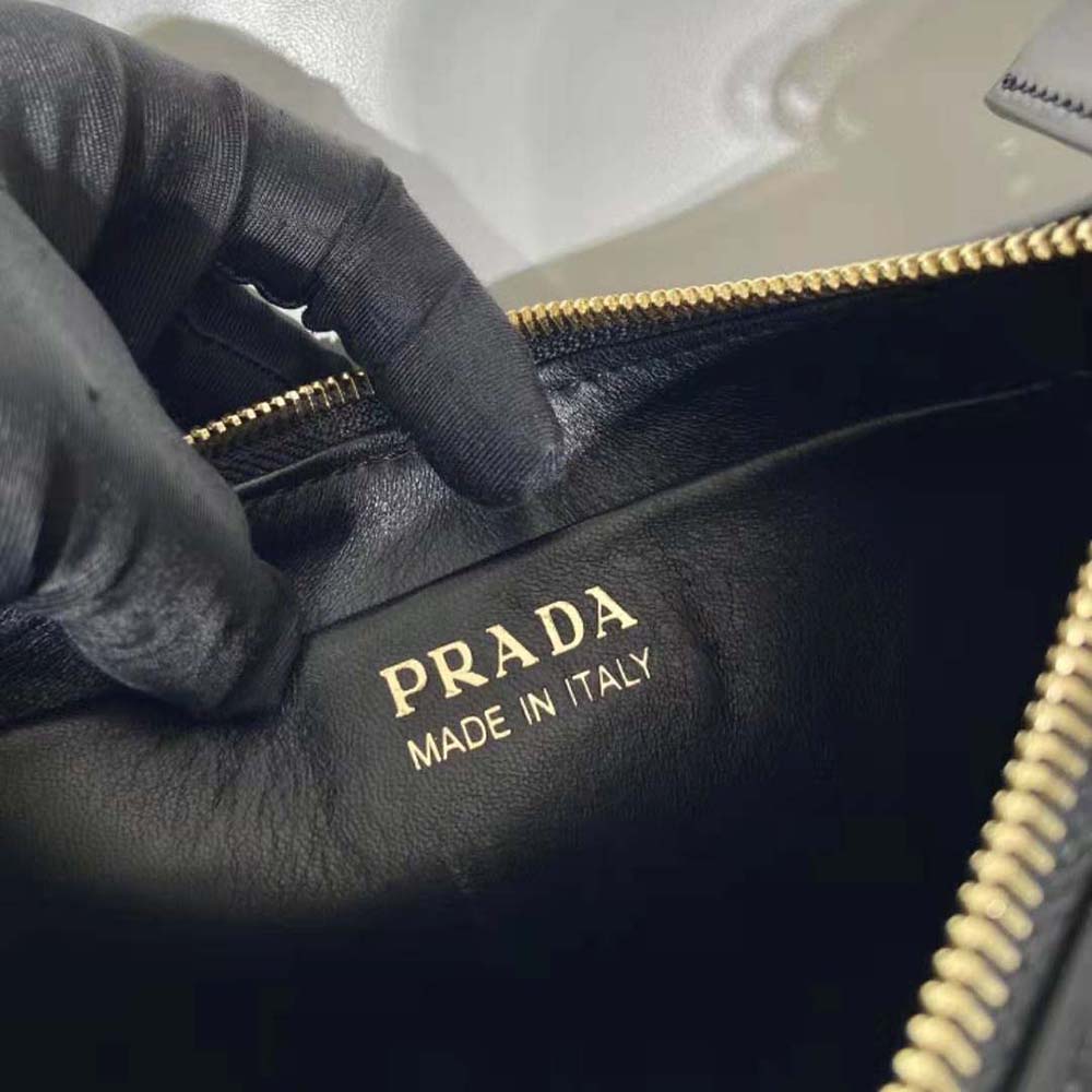 Prada Women Leather Shoulder Bag with Enameled Metal Triangle Logo-Black - image 10