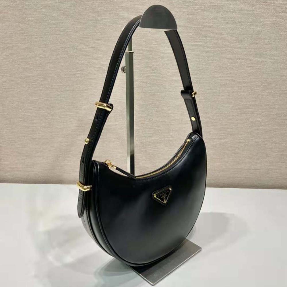 Prada Women Leather Shoulder Bag with Enameled Metal Triangle Logo-Black - image 4